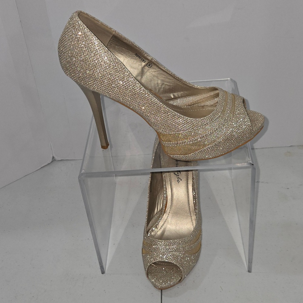 Herstyle Spiccyy Gold Glitter Peep Toe Platform Stiletto Heels Womens Size 9